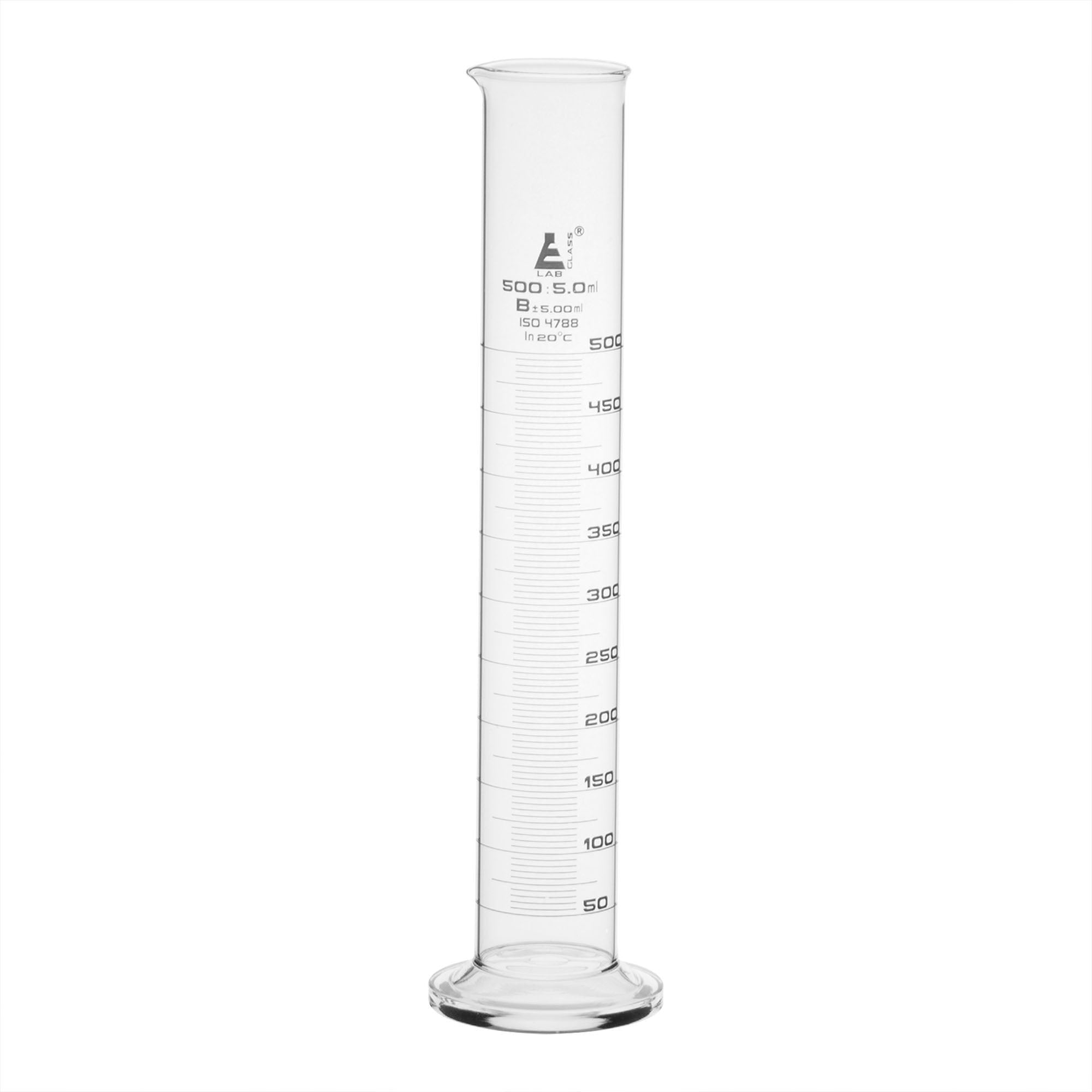 Cylinder Measuring Graduated, cap. 500ml., class 'B', round base with spout, borosilicate glass, White Graduation - eiscoindustrial