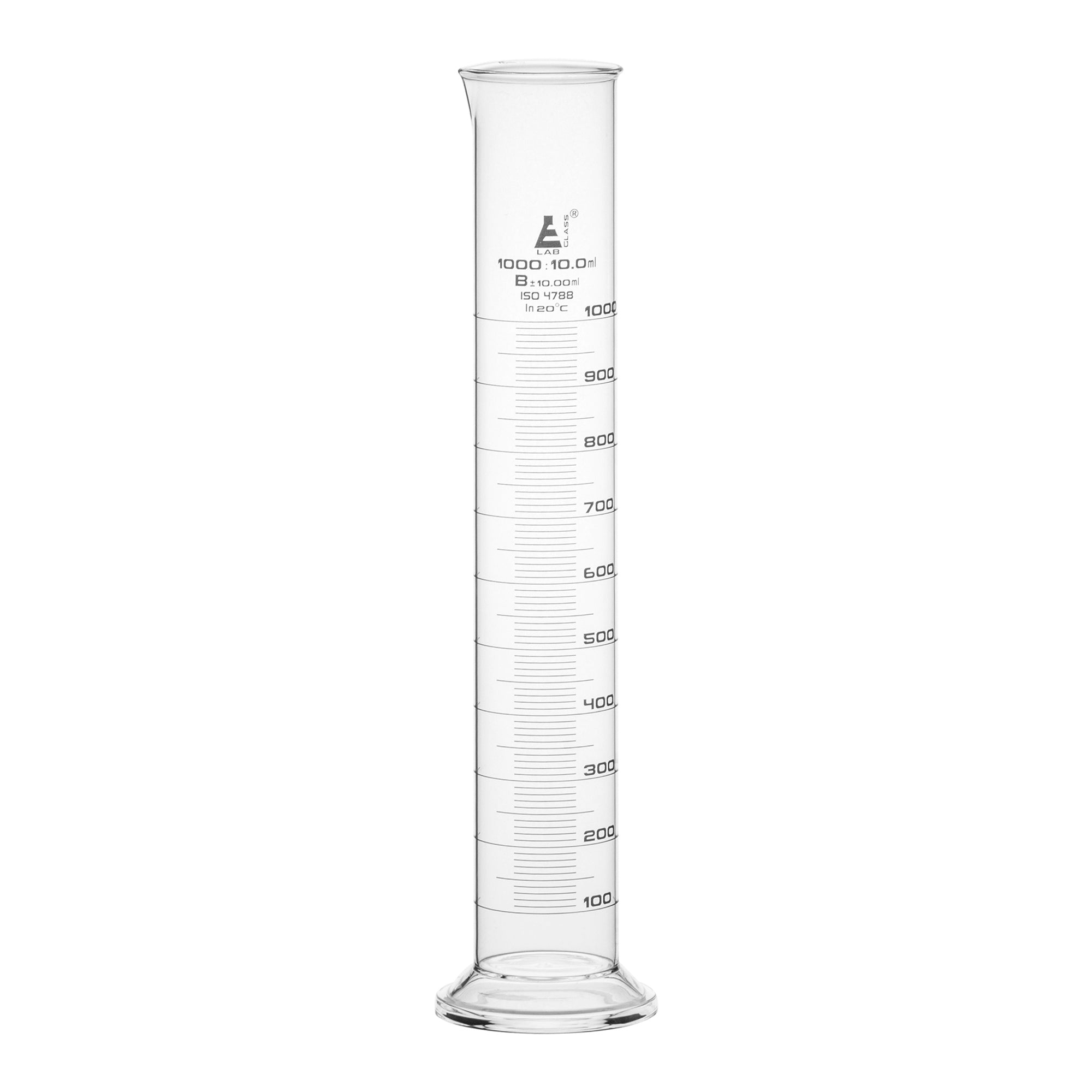 Cylinder Measuring Graduated, cap. 1000ml., class 'B', round base with spout, borosilicate glass, White Graduation - eiscoindustrial