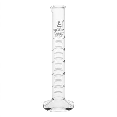 Cylinder Measuring Graduated, cap. 25ml., class 'A', round base with spout, borosilicate glass, White Graduation - eiscoindustrial