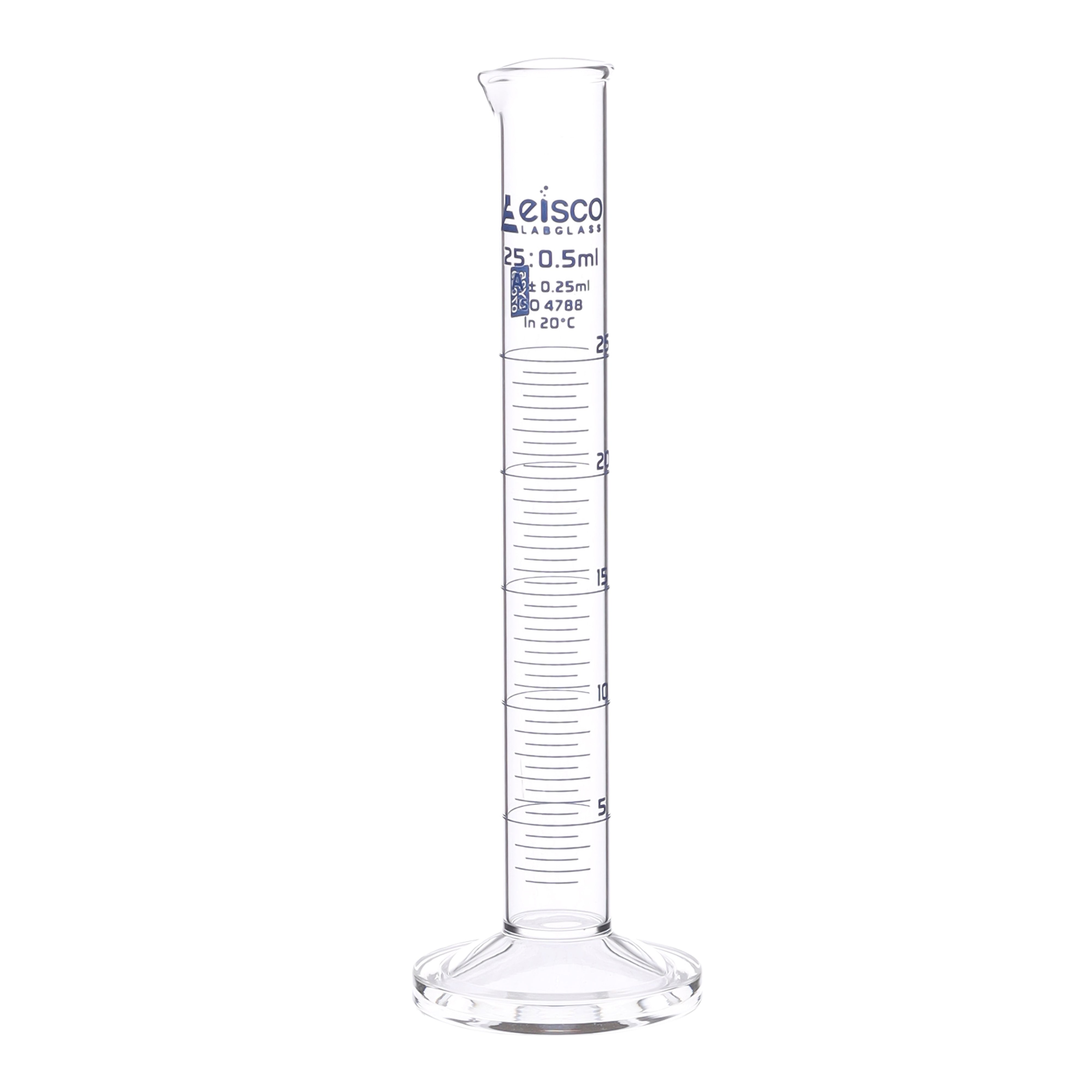 Cylinder Measuring Graduated, cap. 25ml., class 'A', round base with spout, borosilicate glass, Blue Graduation - eiscoindustrial