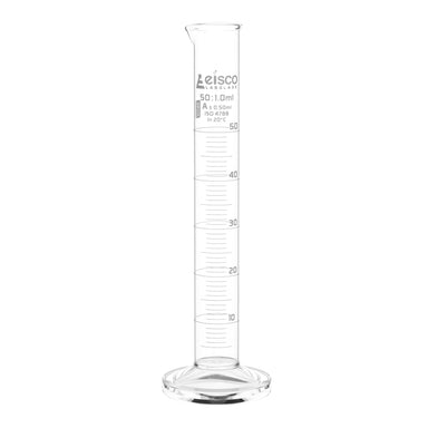 Cylinder Measuring Graduated, cap. 50ml., class 'A', round base with spout, borosilicate glass, Blue Graduation - eiscoindustrial