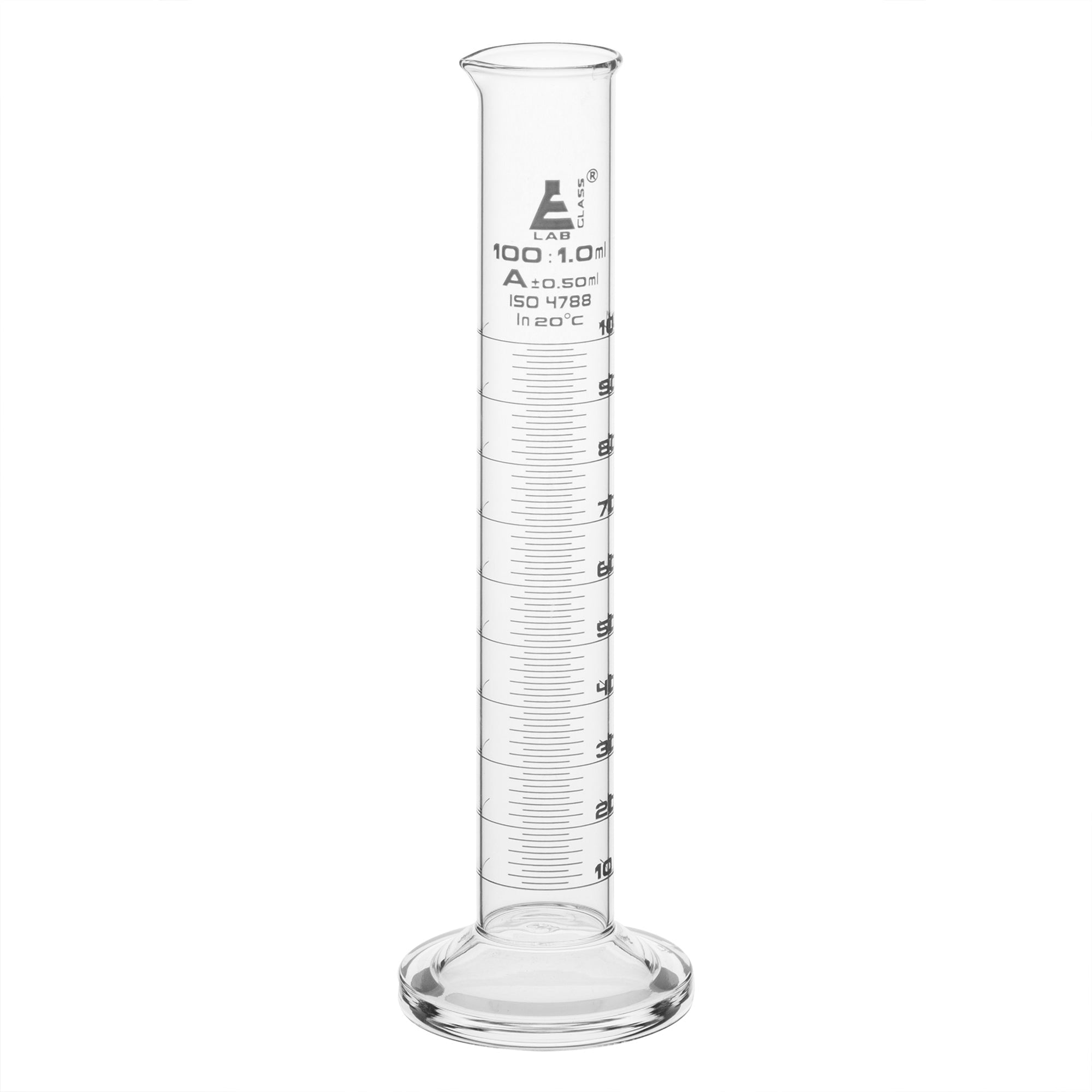 Cylinder Measuring Graduated, cap. 100ml., class 'A', round base with spout, borosilicate glass, White Graduation - eiscoindustrial