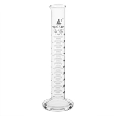 Cylinder Measuring Graduated, cap. 100ml., class 'A', round base with spout, borosilicate glass, White Graduation - eiscoindustrial