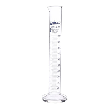 Cylinder Measuring Graduated, cap. 100ml., class 'A', round base with spout, borosilicate glass, Blue Graduation - eiscoindustrial