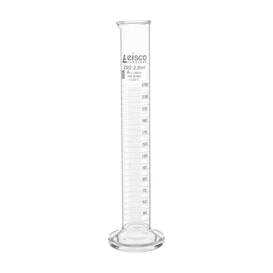 Cylinder Measuring Graduated, cap. 250ml., class 'A', round base with spout, borosilicate glass, Blue Graduation - eiscoindustrial