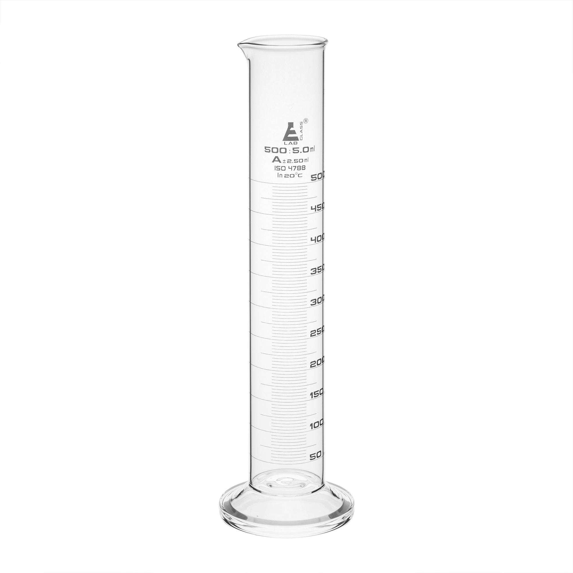 Cylinder Measuring Graduated, cap. 500ml., class 'A', round base with spout, borosilicate glass, White Graduation - eiscoindustrial