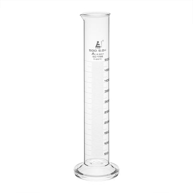 Cylinder Measuring Graduated, cap. 500ml., class 'A', round base with spout, borosilicate glass, White Graduation - eiscoindustrial