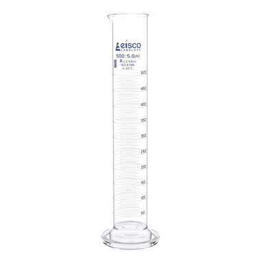 Cylinder Measuring Graduated, cap. 500ml., class 'A', round base with spout, borosilicate glass, Blue Graduation - eiscoindustrial