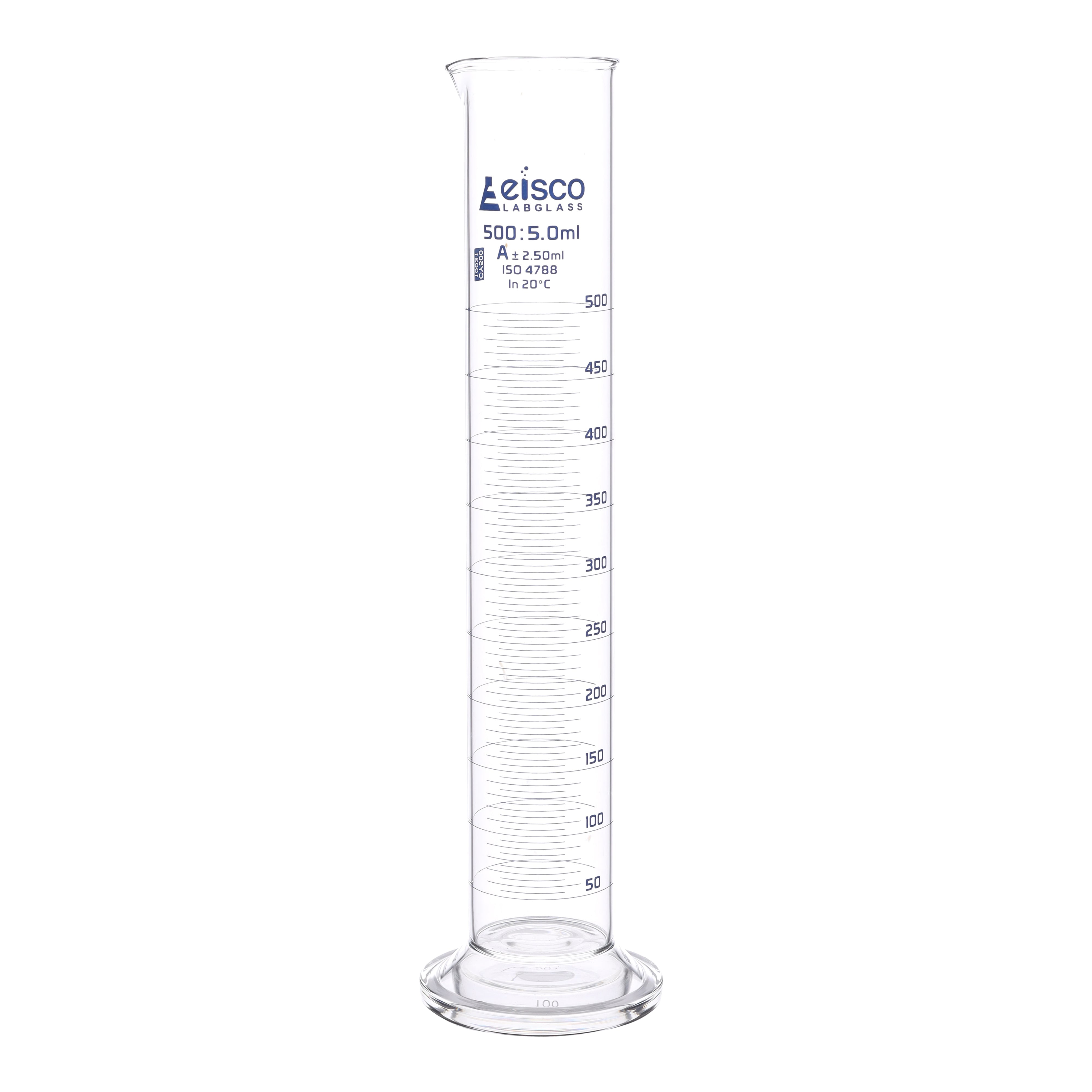 Cylinder Measuring Graduated, cap. 500ml., class 'A', round base with spout, borosilicate glass, Blue Graduation - eiscoindustrial