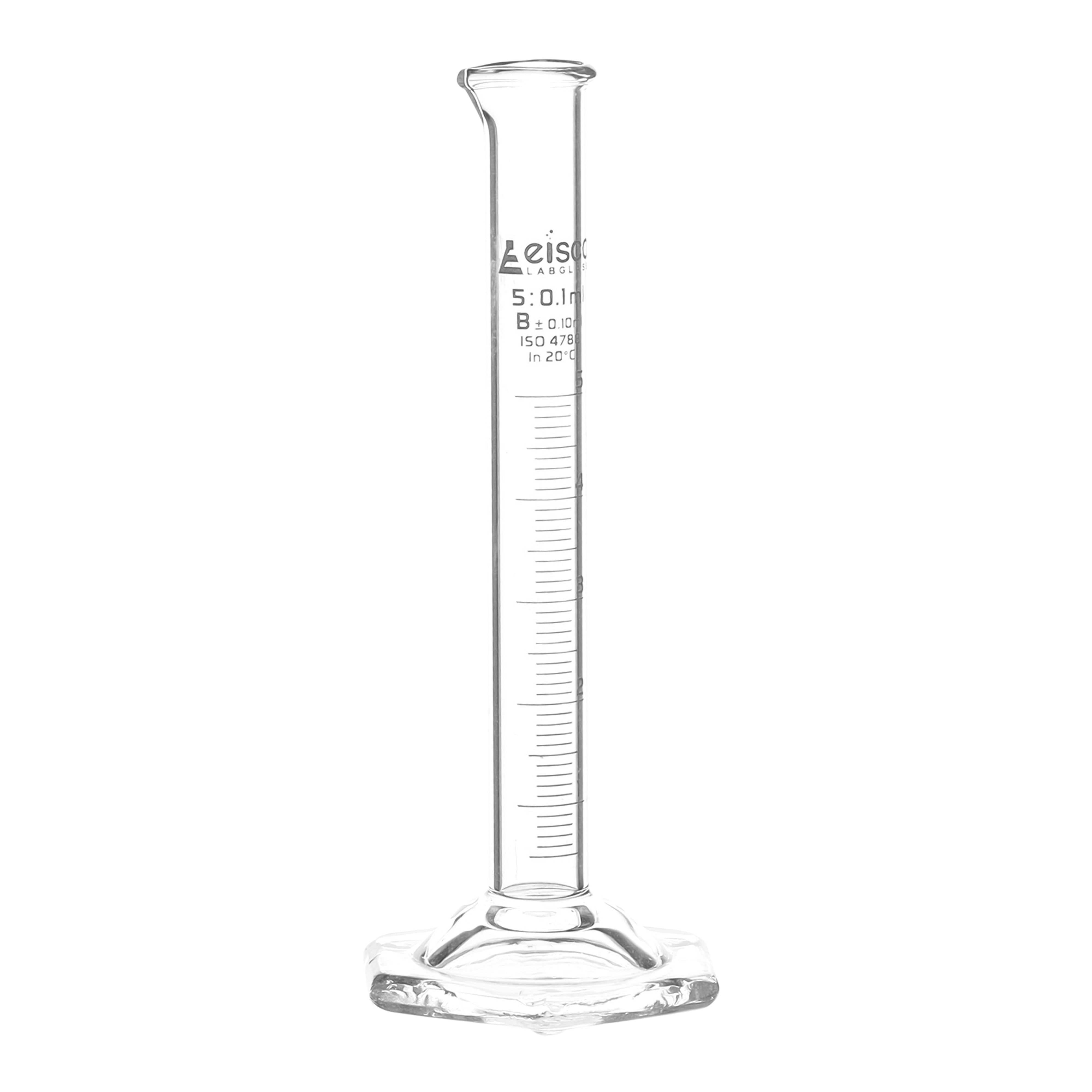 Cylinder Measuring Graduated, cap. 5ml., class 'B', Hex. base with spout, borosilicate glass, White Graduation - eiscoindustrial