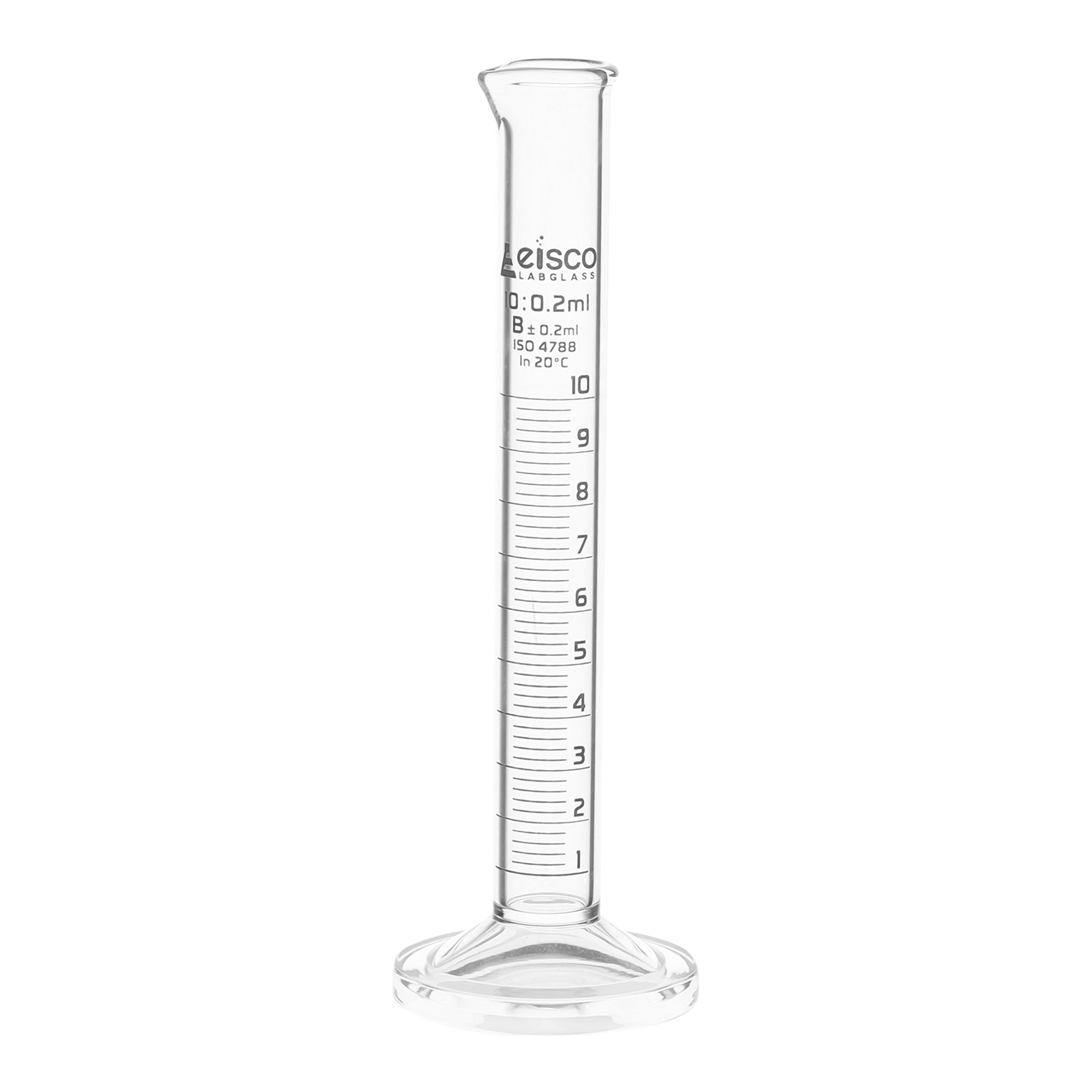 Cylinder Measuring Graduated, cap. 10ml., class 'B', Hex. base with spout, borosilicate glass, White Graduation - eiscoindustrial