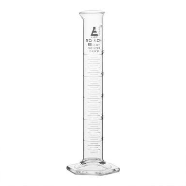 Cylinder Measuring Graduated, cap. 50ml., class 'B', Hex. base with spout, borosilicate glass, White Graduation - eiscoindustrial