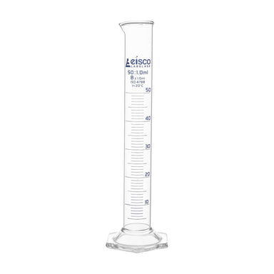 Cylinder Measuring Graduated, cap. , class 'B', Hex. base with spout, borosilicate glass, Blue Graduation - eiscoindustrial