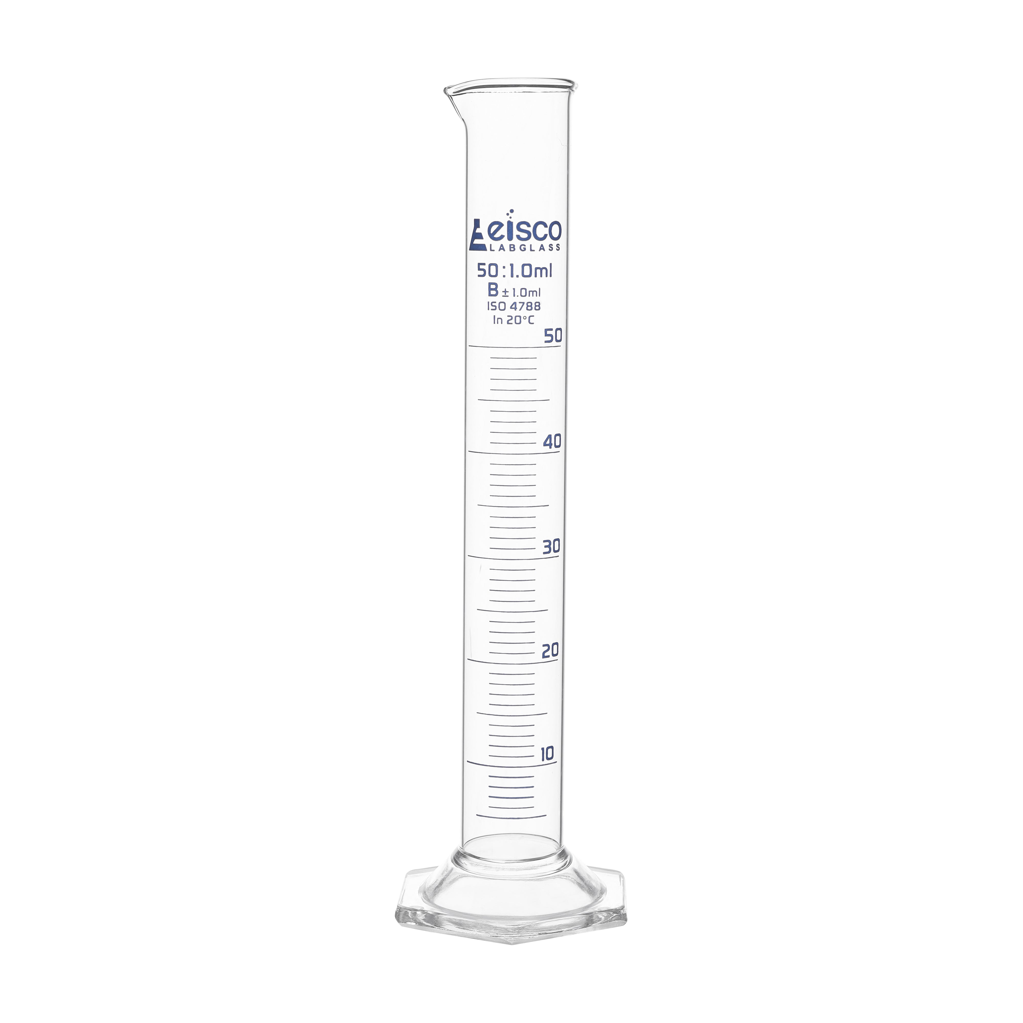 Cylinder Measuring Graduated, cap. , class 'B', Hex. base with spout, borosilicate glass, Blue Graduation - eiscoindustrial