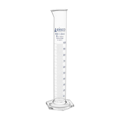 Cylinder Measuring Graduated, cap. 100ml., class 'B', Hex. base with spout, borosilicate glass, Blue Graduation - eiscoindustrial