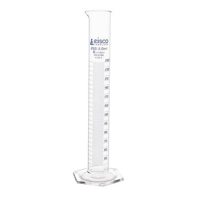 Cylinder Measuring Graduated, cap. , class 'B', Hex. base with spout, borosilicate glass, Blue Graduation - eiscoindustrial