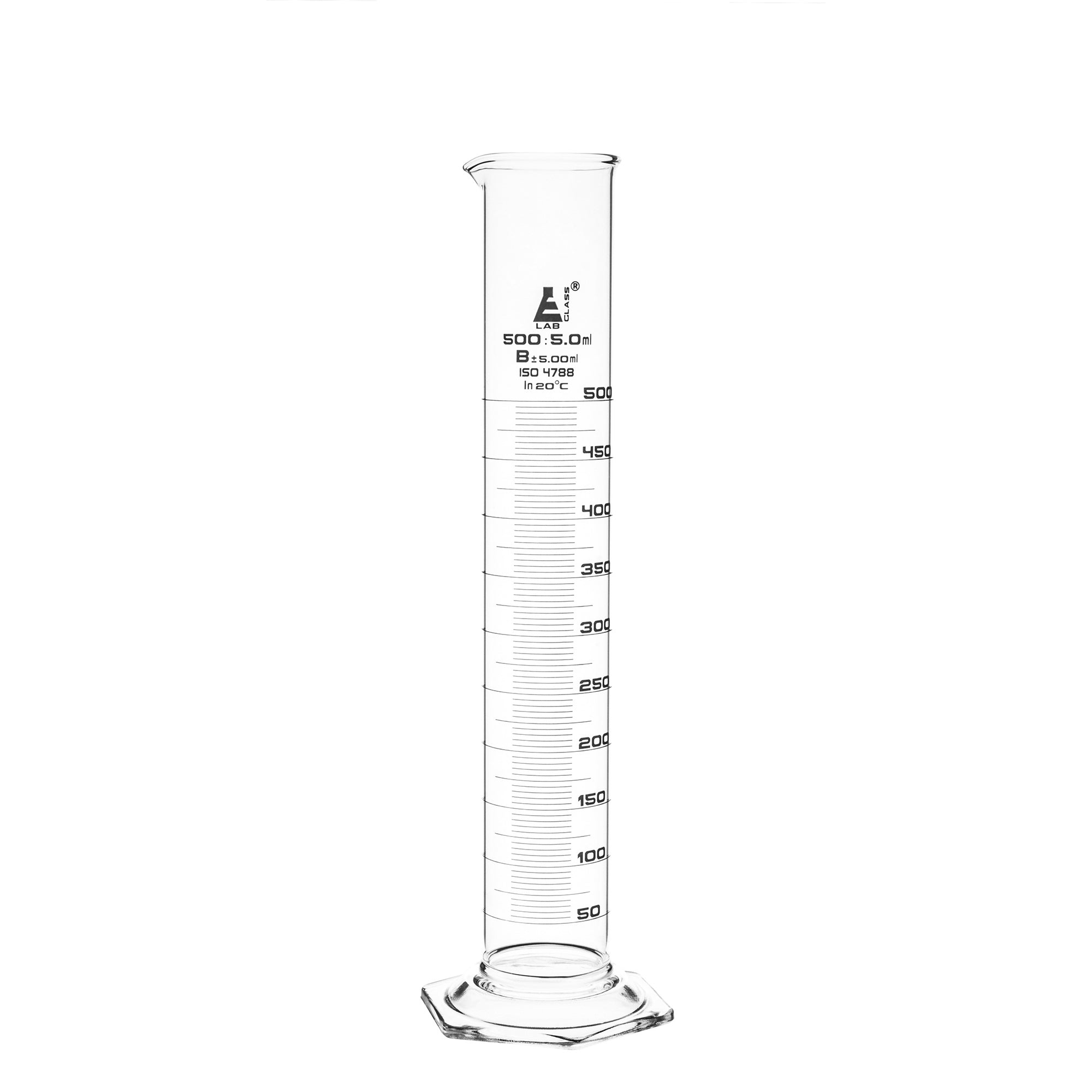 Cylinder Measuring Graduated, cap. 500ml., class 'B', Hex. base with spout, borosilicate glass, White Graduation - eiscoindustrial