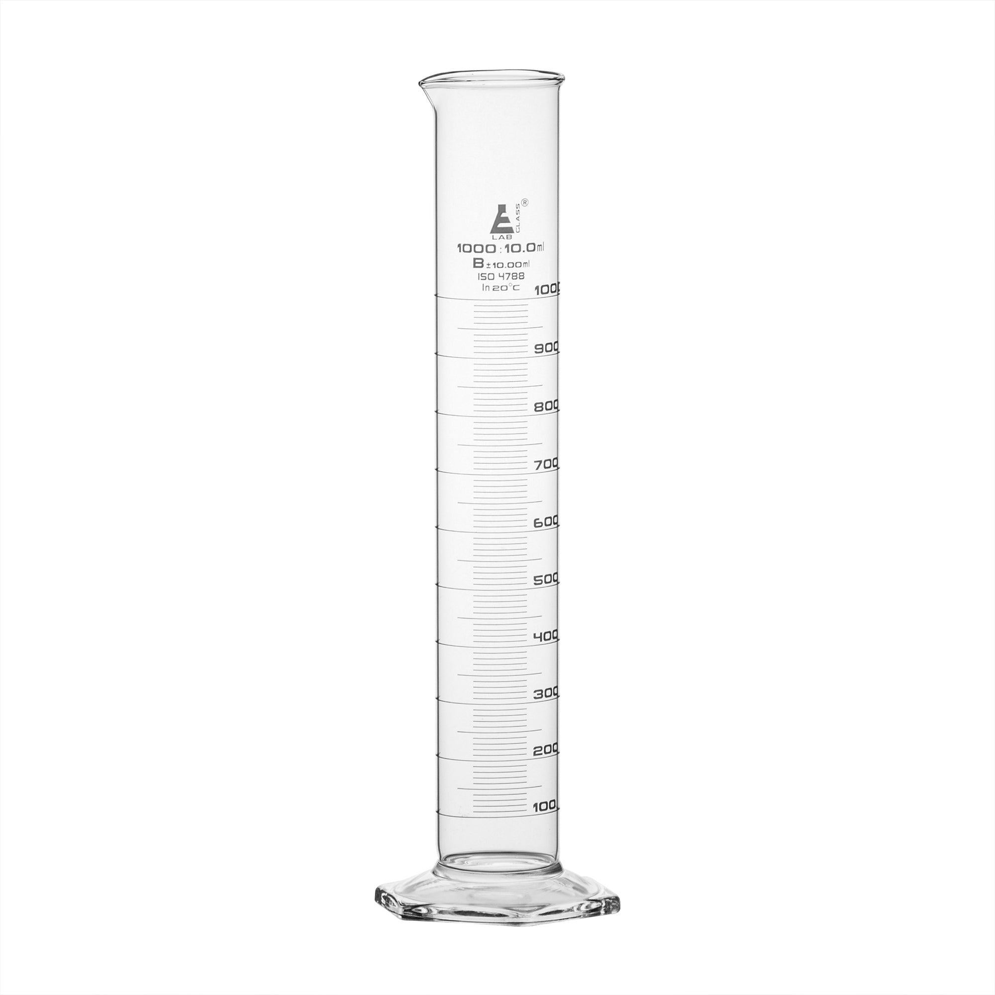 Cylinder Measuring Graduated, cap. 1000ml., class 'B', Hex. base with spout, borosilicate glass, White Graduation - eiscoindustrial