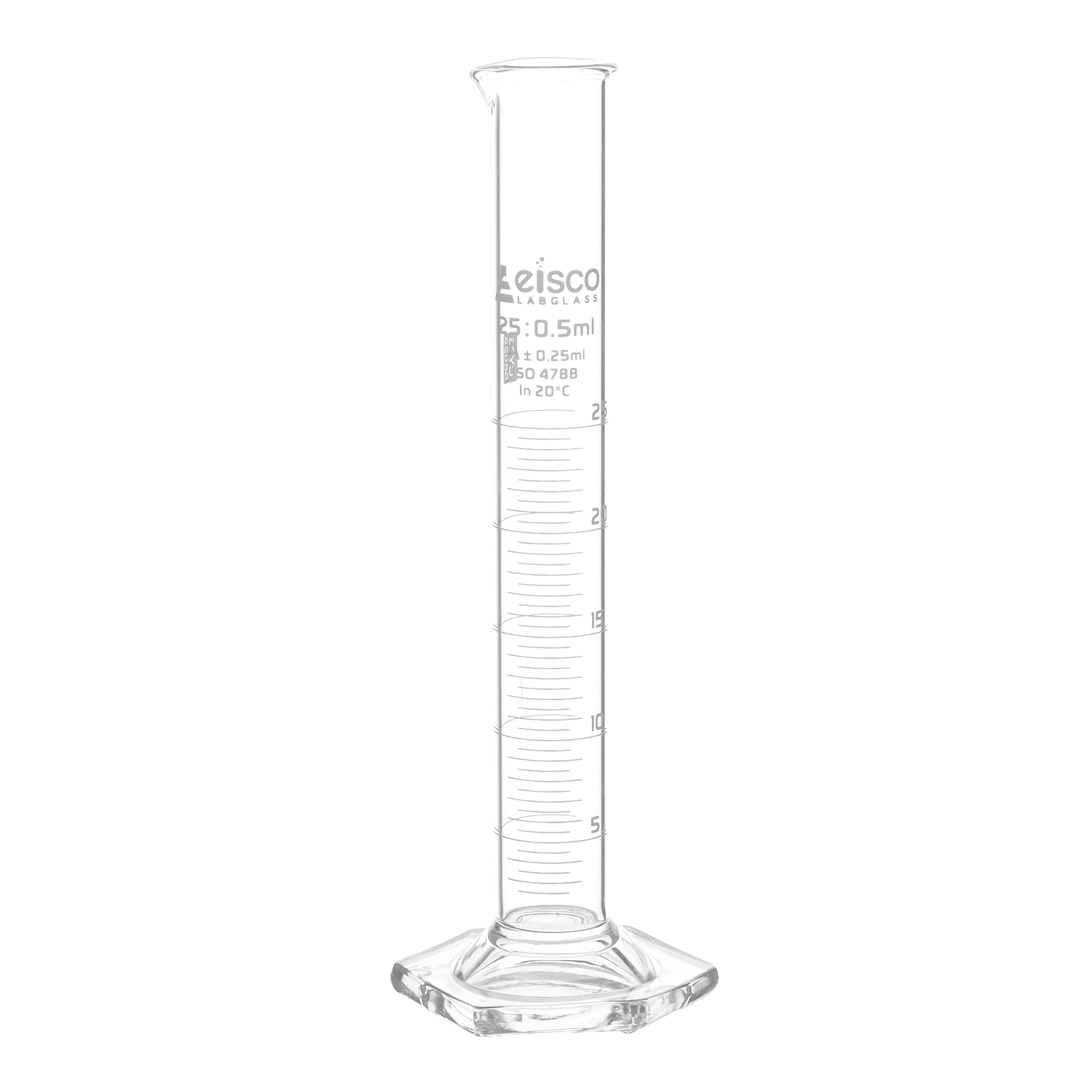 Cylinder Measuring Graduated, cap. 25ml., class 'A', Hex. base with spout, borosilicate glass, White Graduation - eiscoindustrial