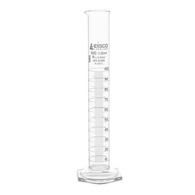 Cylinder Measuring Graduated, cap. 100ml., class 'A', Hex. base with spout, borosilicate glass, White Graduation - eiscoindustrial