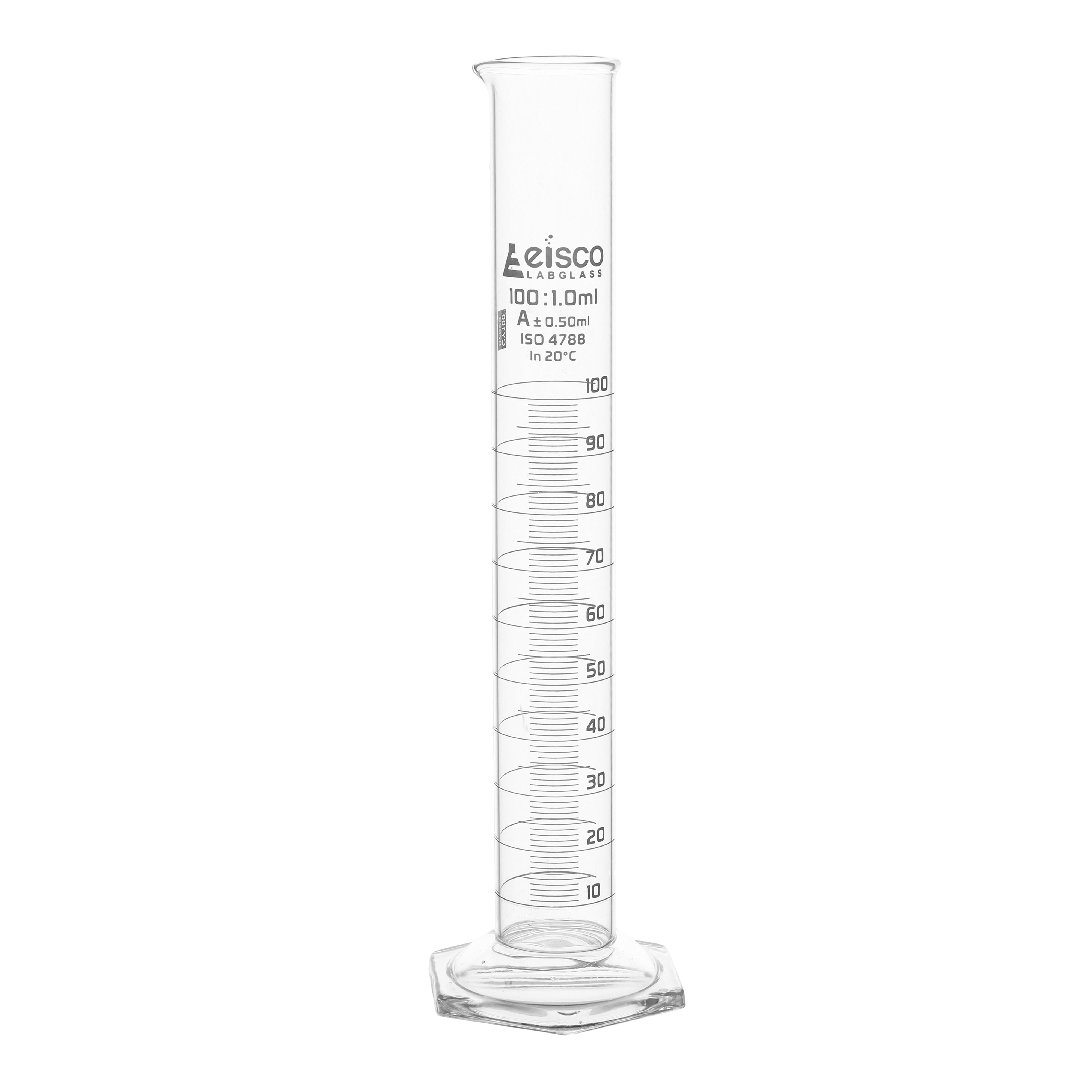 Cylinder Measuring Graduated, cap. 100ml., class 'A', Hex. base with spout, borosilicate glass, White Graduation - eiscoindustrial