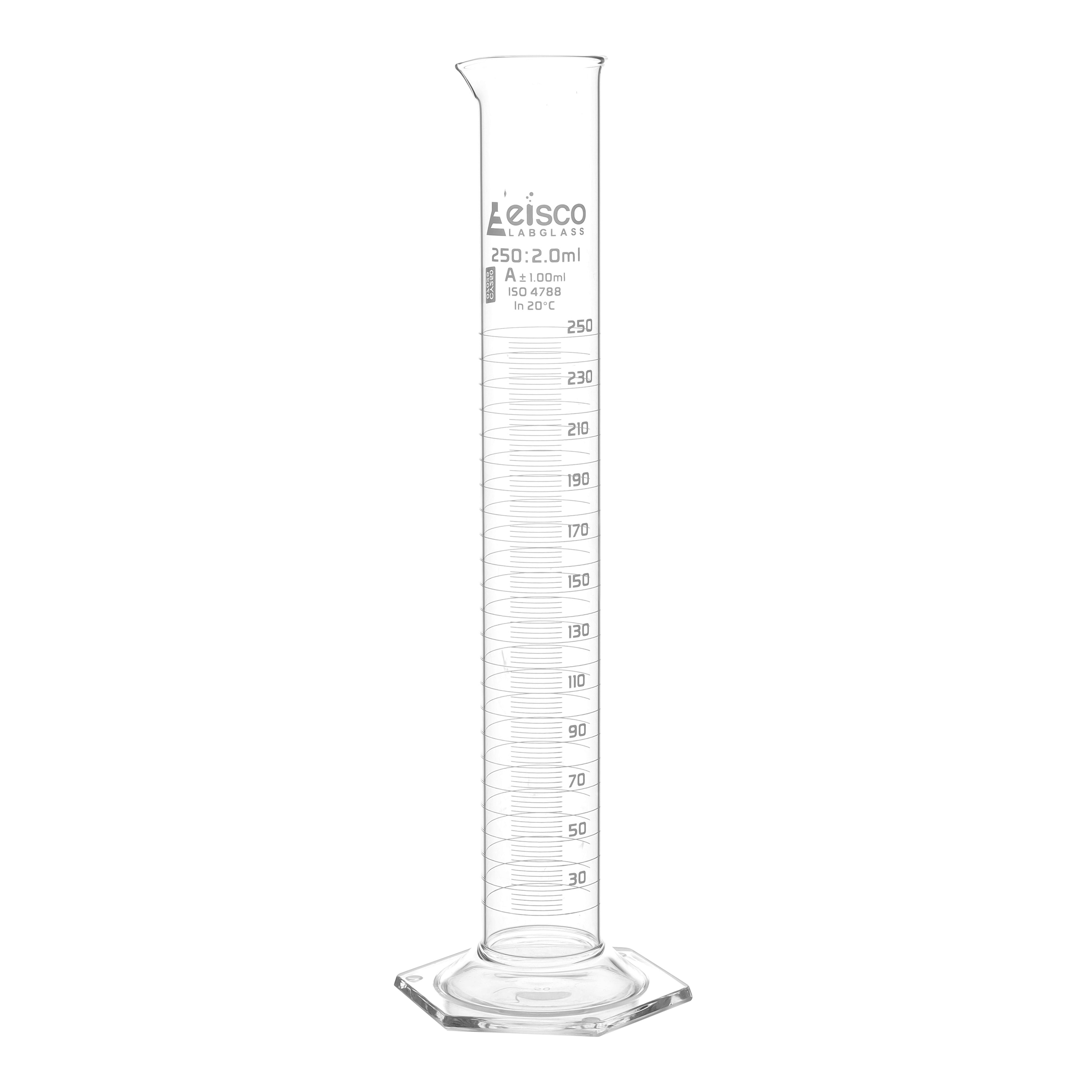 Cylinder Measuring Graduated, cap. 250ml., class 'A', Hex. base with spout, borosilicate glass, White Graduation - eiscoindustrial