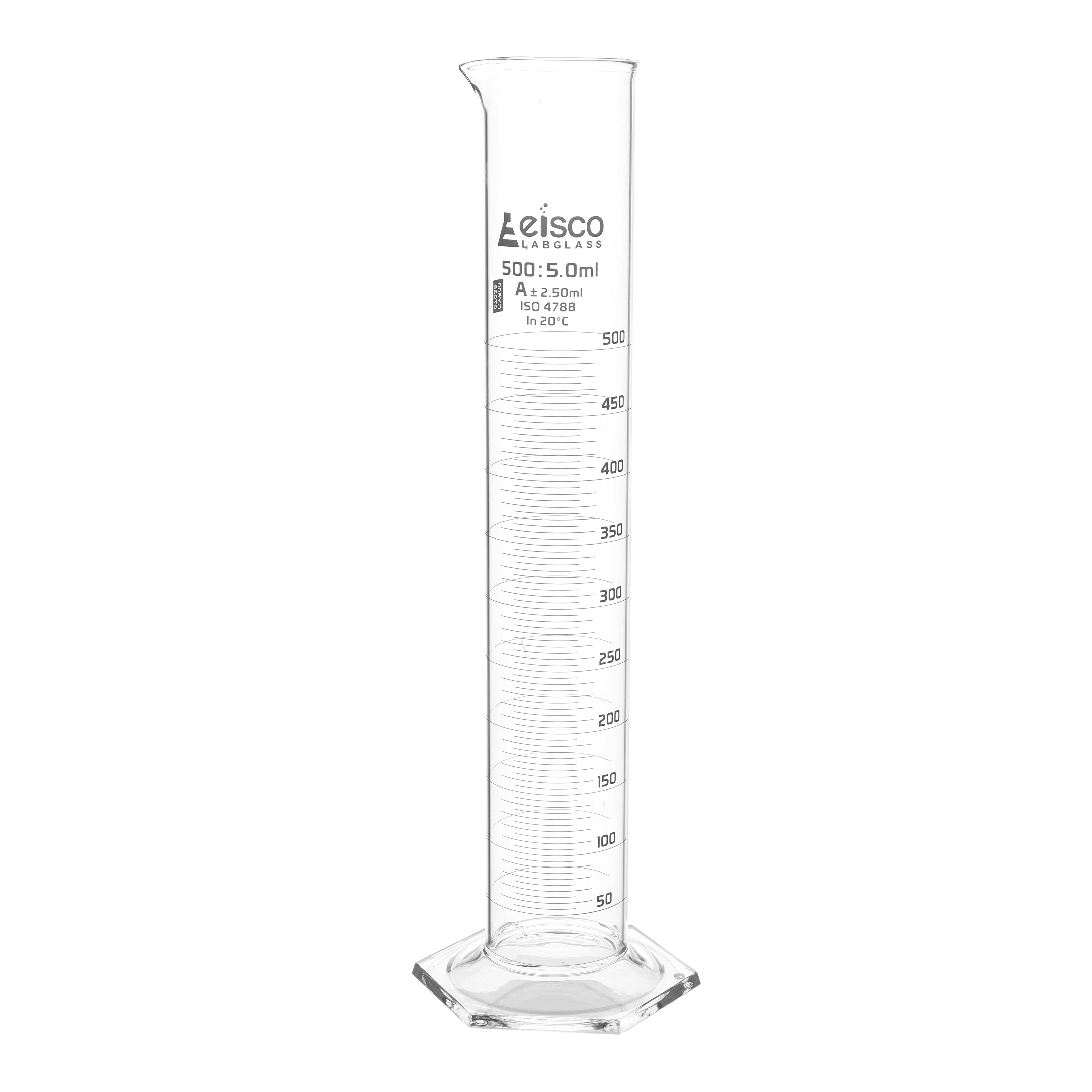 Cylinder Measuring Graduated, cap. 500ml., class 'A', Hex. base with spout, borosilicate glass, White Graduation - eiscoindustrial