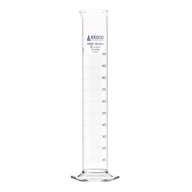 Cylinder Measuring Graduated, cap. 1000ml., class 'A', Hex. base with spout, borosilicate glass, Blue Graduation - eiscoindustrial