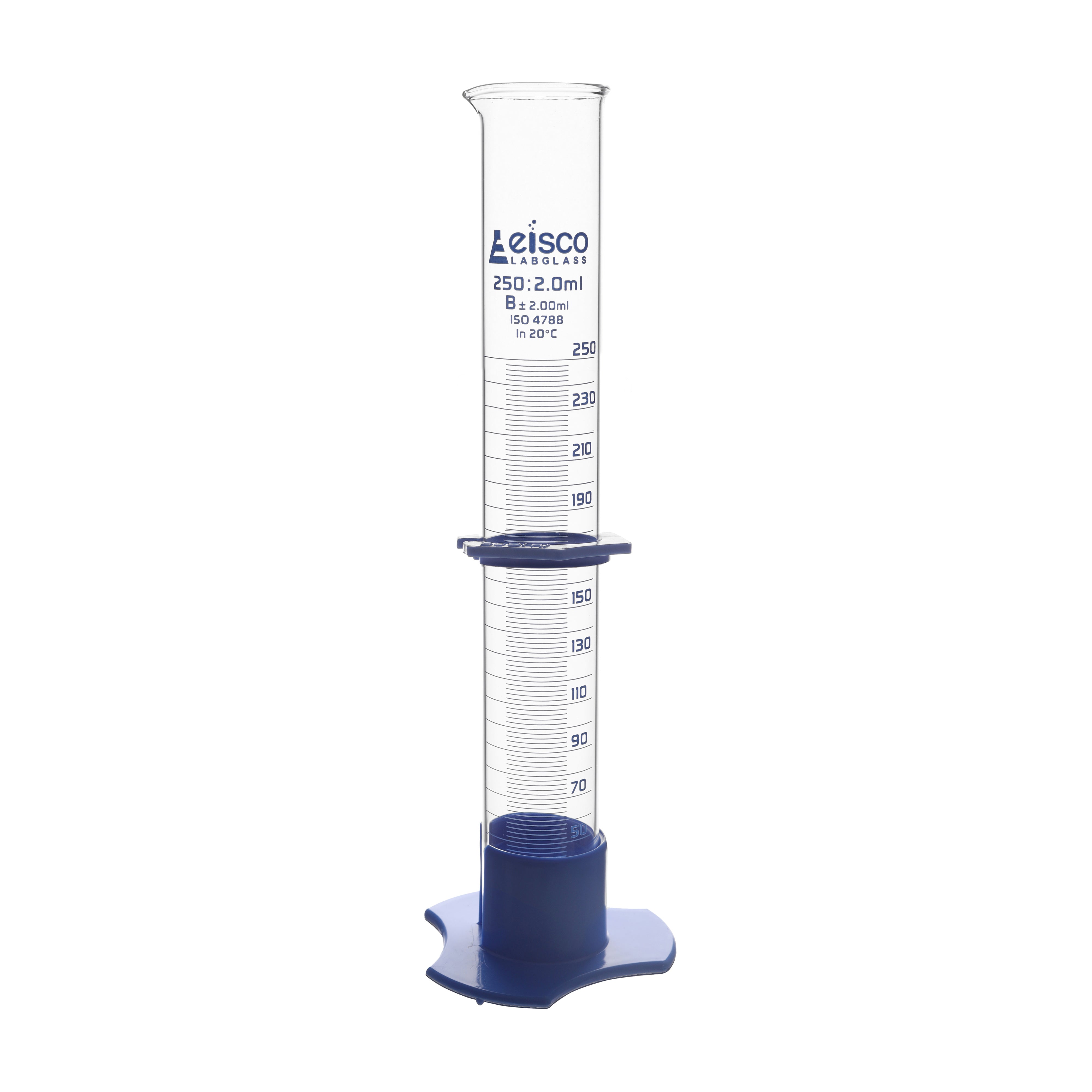 Cylinder Measuring Graduated, cap. 250ml., class 'B', detachable plastic hex. base with spout and protection collar, borosilicate glass, Blue Graduation - eiscoindustrial