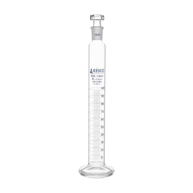 Cylinder Mixing Graduated, cap. 100ml., class 'A', glass round base, complete with interchangeable Glass stopper, borosilicate glass, Blue Graduation - eiscoindustrial