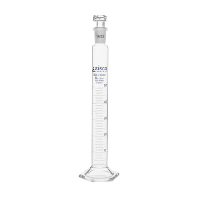 Cylinder Mixing Graduated, cap. 50ml., class 'B', glass hex. base, complete with interchangeable Glass stopper, borosilicate glass, Blue Graduation - eiscoindustrial