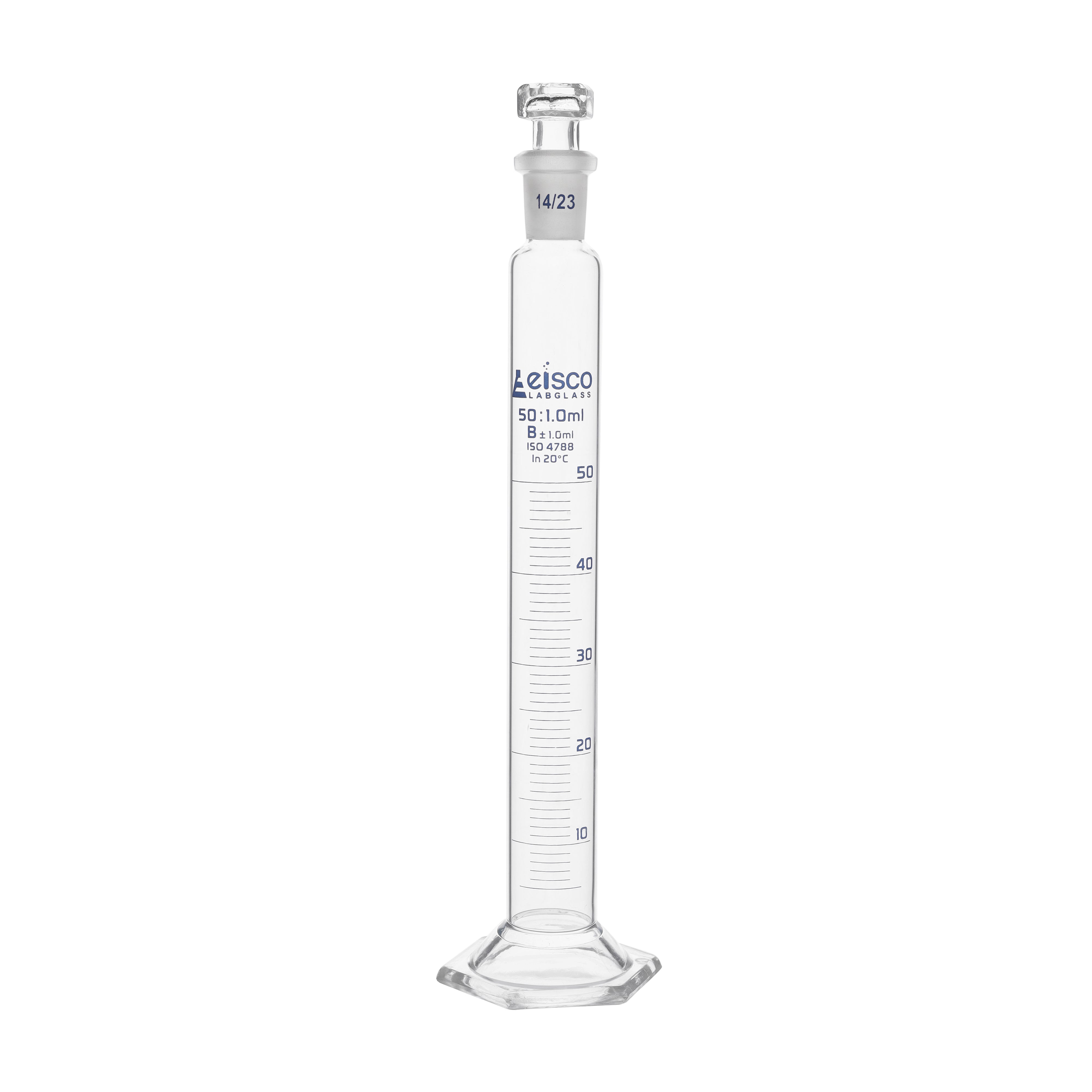 Cylinder Mixing Graduated, cap. 50ml., class 'B', glass hex. base, complete with interchangeable Glass stopper, borosilicate glass, Blue Graduation - eiscoindustrial