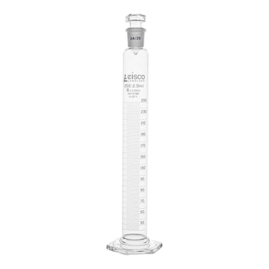 Cylinder Mixing Graduated, cap. 250ml., class 'B', glass hex. base, complete with interchangeable Glass stopper, borosilicate glass, White Graduation - eiscoindustrial