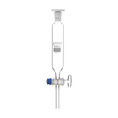 Funnel Dropping - Cylindrical, cap. 50ml, socket size 19/26, borosilicate glass, Un-graduated cylindrical with glass stopcock & interchangeable plastic stopper - eiscoindustrial