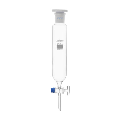 Funnel Dropping - Cylindrical, cap. 250ml, socket size 29/32, borosilicate glass, Un-graduated cylindrical with glass stopcock & interchangeable plastic stopper - eiscoindustrial