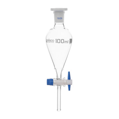 Funnel Separating - Squibb, cap. 100ml, socket size 19/26, borosilicate glass, with interchangeable plastic stopper and glass stopcock, Un-Gradauted - eiscoindustrial