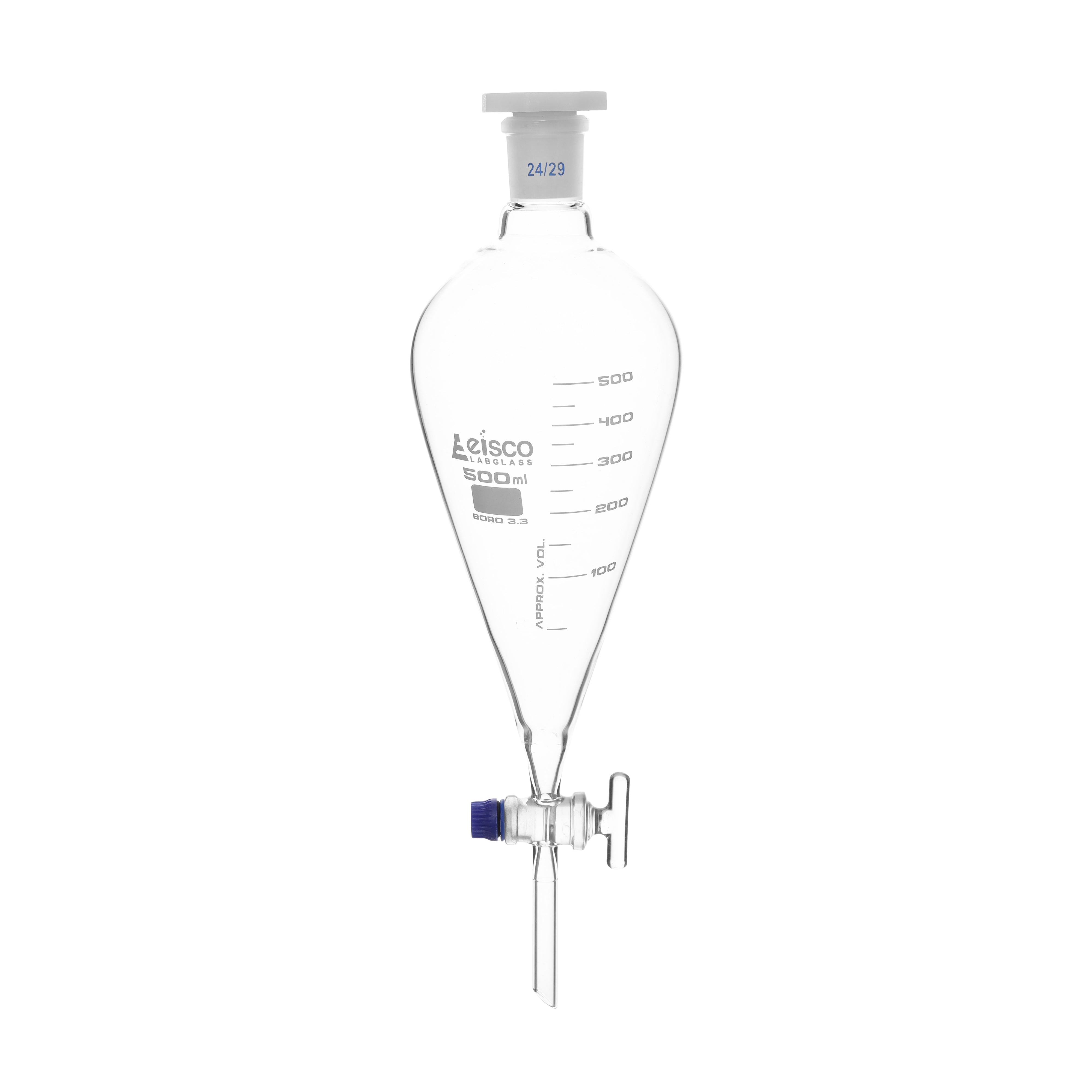 Funnel Separating - Squibb, cap. 500ml, socket size 24/29, borosilicate glass, with interchangeable plastic stopper and glass stopcock, Un-Gradauted - eiscoindustrial