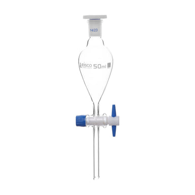 Funnel Separating - Squibb, cap. 50ml, socket size 14/23, borosilicate glass, with interchangeable plastic stopper and PTFE key stopcock, Un-Gradauted - eiscoindustrial