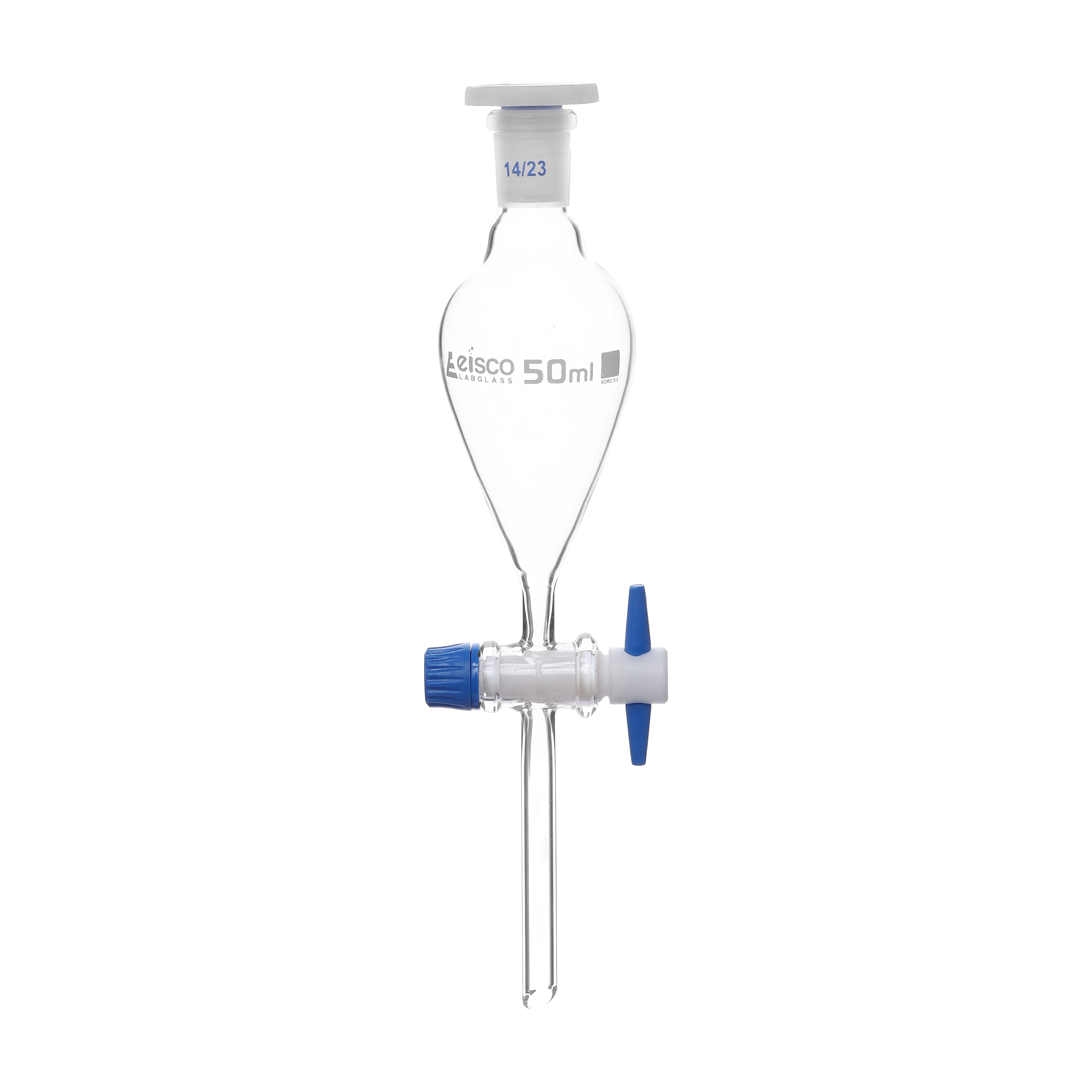 Funnel Separating - Squibb, cap. 50ml, socket size 14/23, borosilicate glass, with interchangeable plastic stopper and PTFE key stopcock, Un-Gradauted - eiscoindustrial