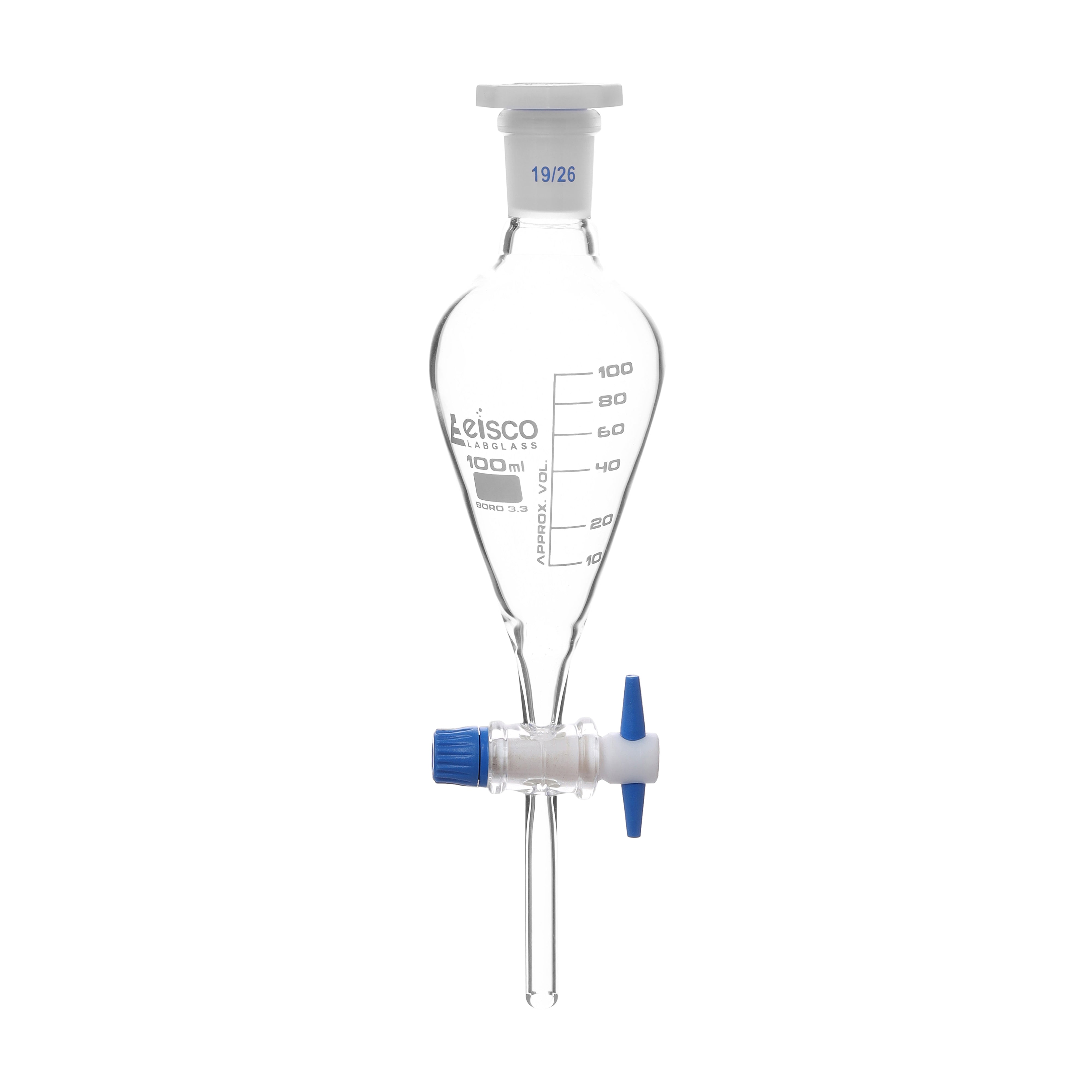 Funnel Separating - Squibb, cap. 100ml, socket size 19/26, borosilicate glass, with interchangeable plastic stopper and PTFE key stopcock, Gradauted - eiscoindustrial