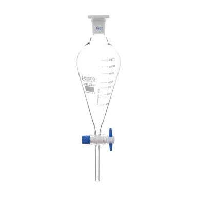 Funnel Separating - Squibb, cap. 250ml, socket size 19/26, borosilicate glass, with interchangeable plastic stopper and PTFE key stopcock, Gradauted - eiscoindustrial