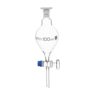 Funnel Separating - Pear shaped, cap. 100ml, Socket size 19/26, borosilicate glass with interchangeable plastic stopper and glass stopcock - eiscoindustrial