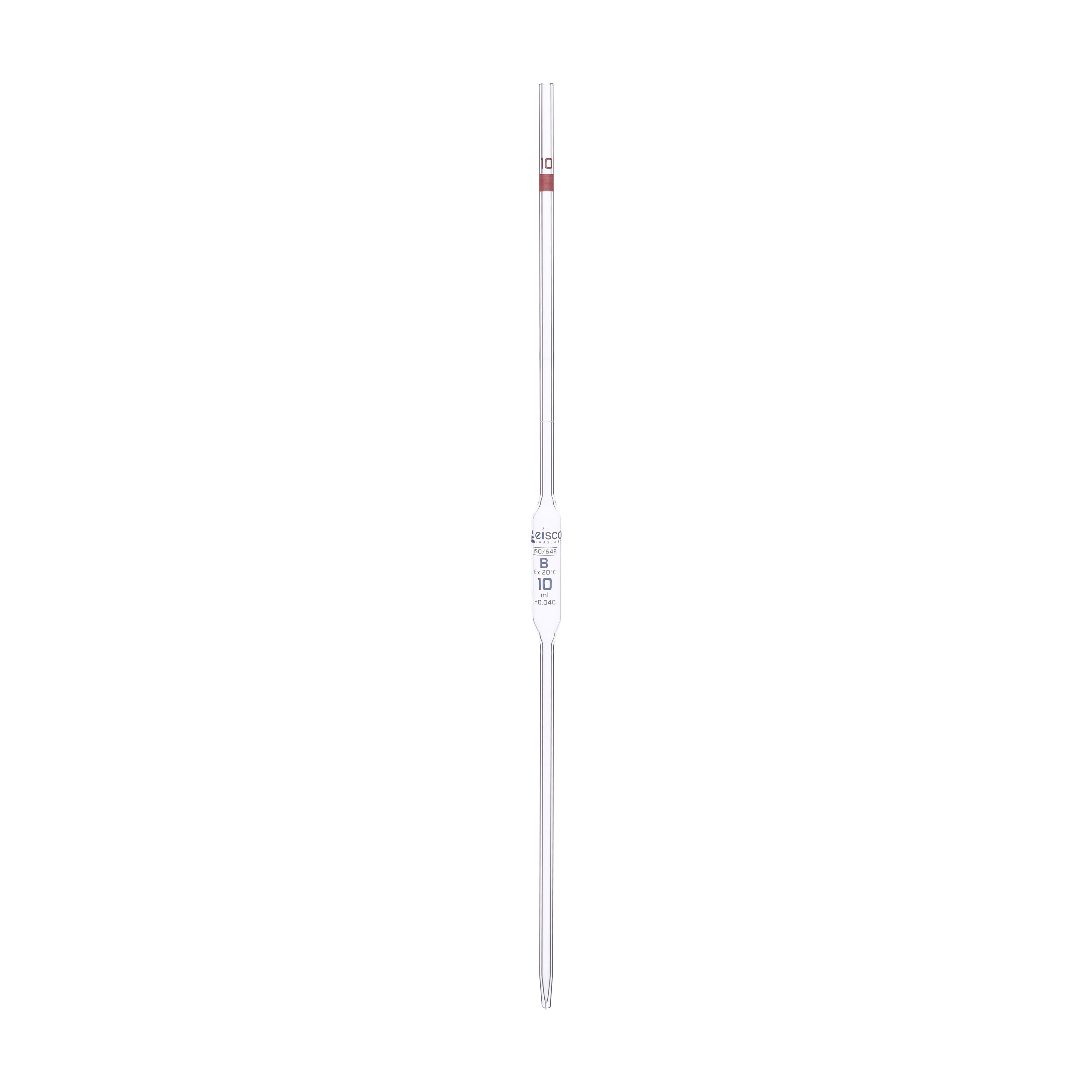 Pipette class 'B' 10ml, Borosilicate glass, Blue Printing bulb form, Red - eiscoindustrial