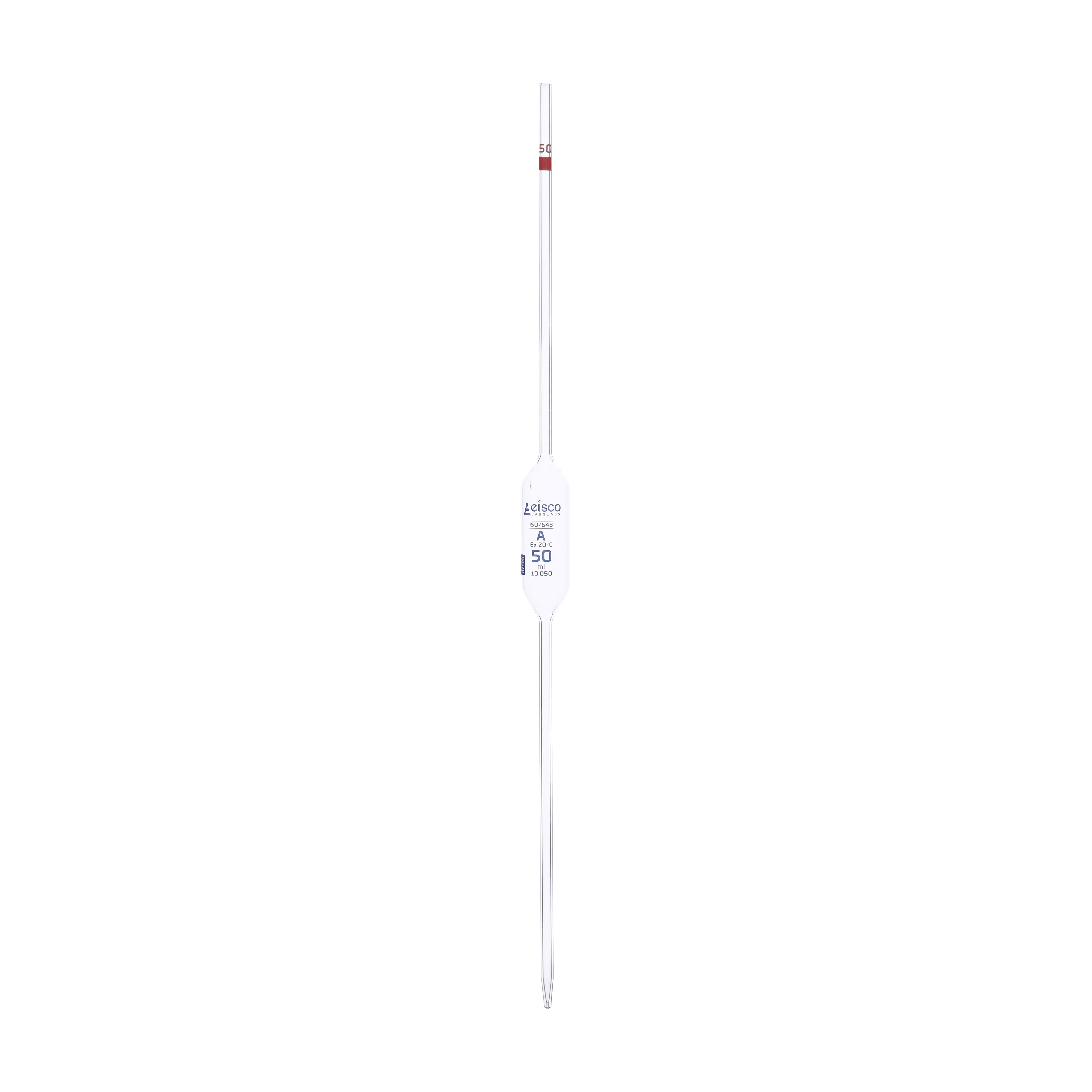 Pipette class 'A' 50ml, Borosilicate glass, Blue Printing bulb form, Red - eiscoindustrial