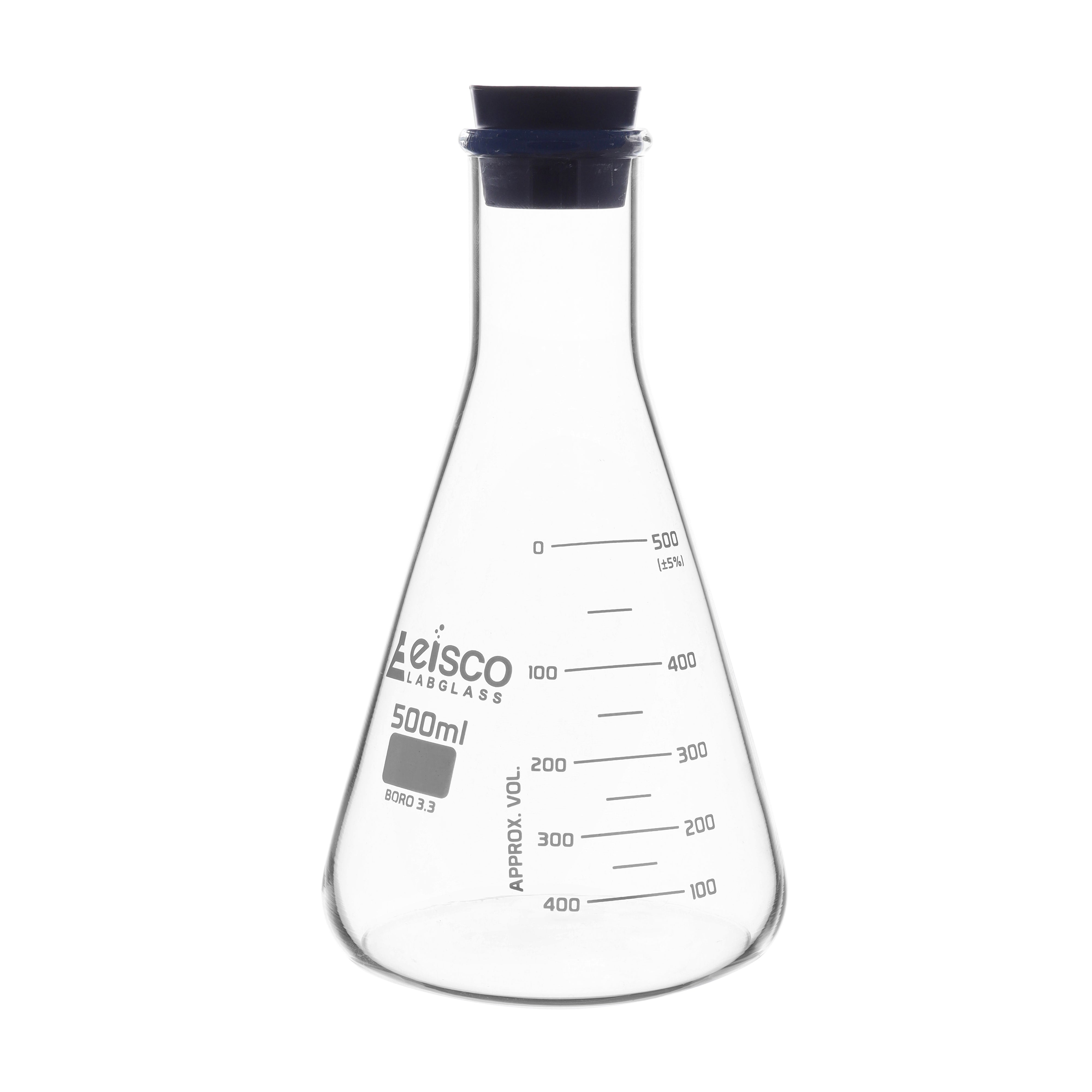 Flasks - Conical Erlenmeyer with Narrow Neck and Rubber Stopper, ASTM 500ml - eiscoindustrial