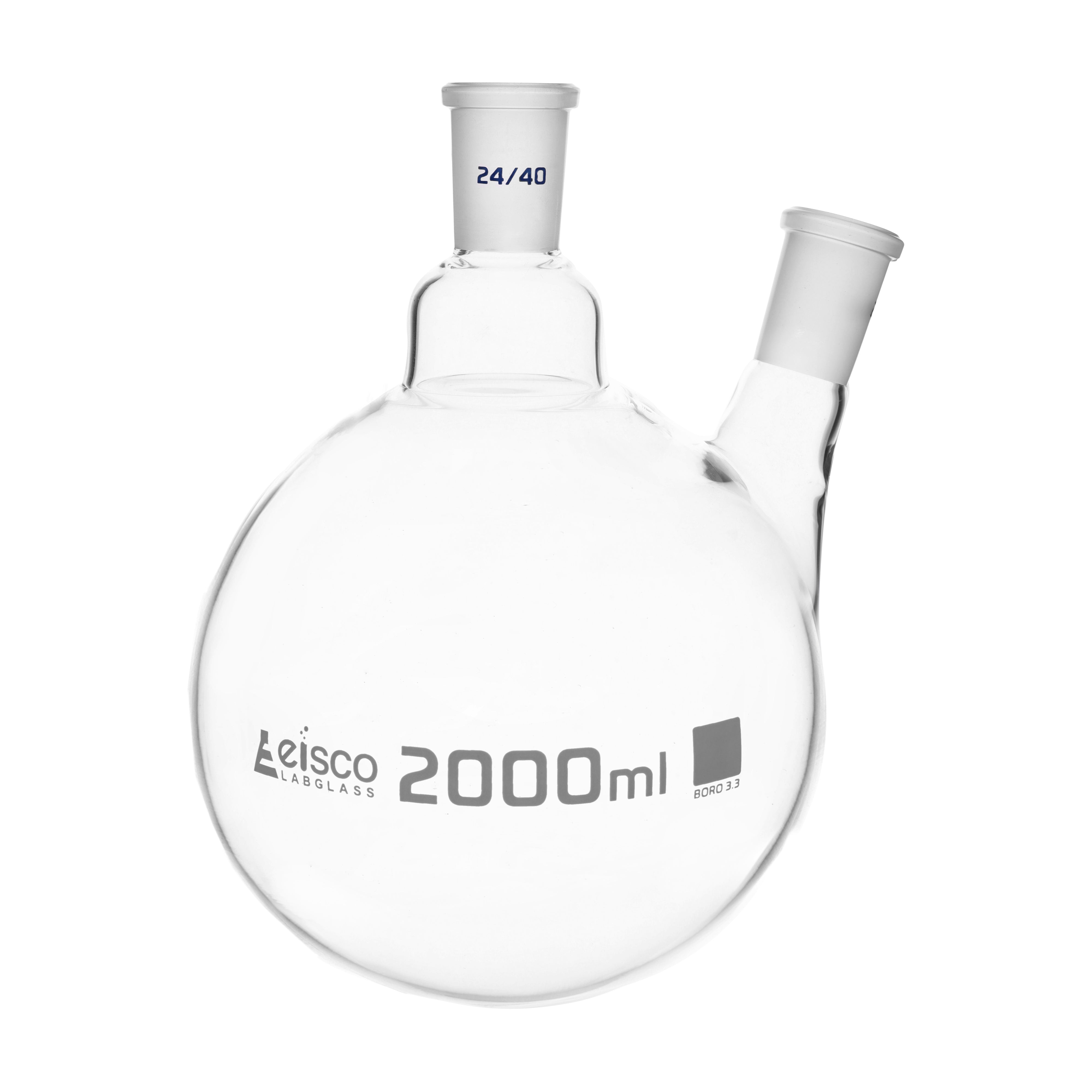 Flasks - Distilling Round Bottom with Two Necks,Angled - ASTM, Capacity2000ml,24/40,24/40 - eiscoindustrial