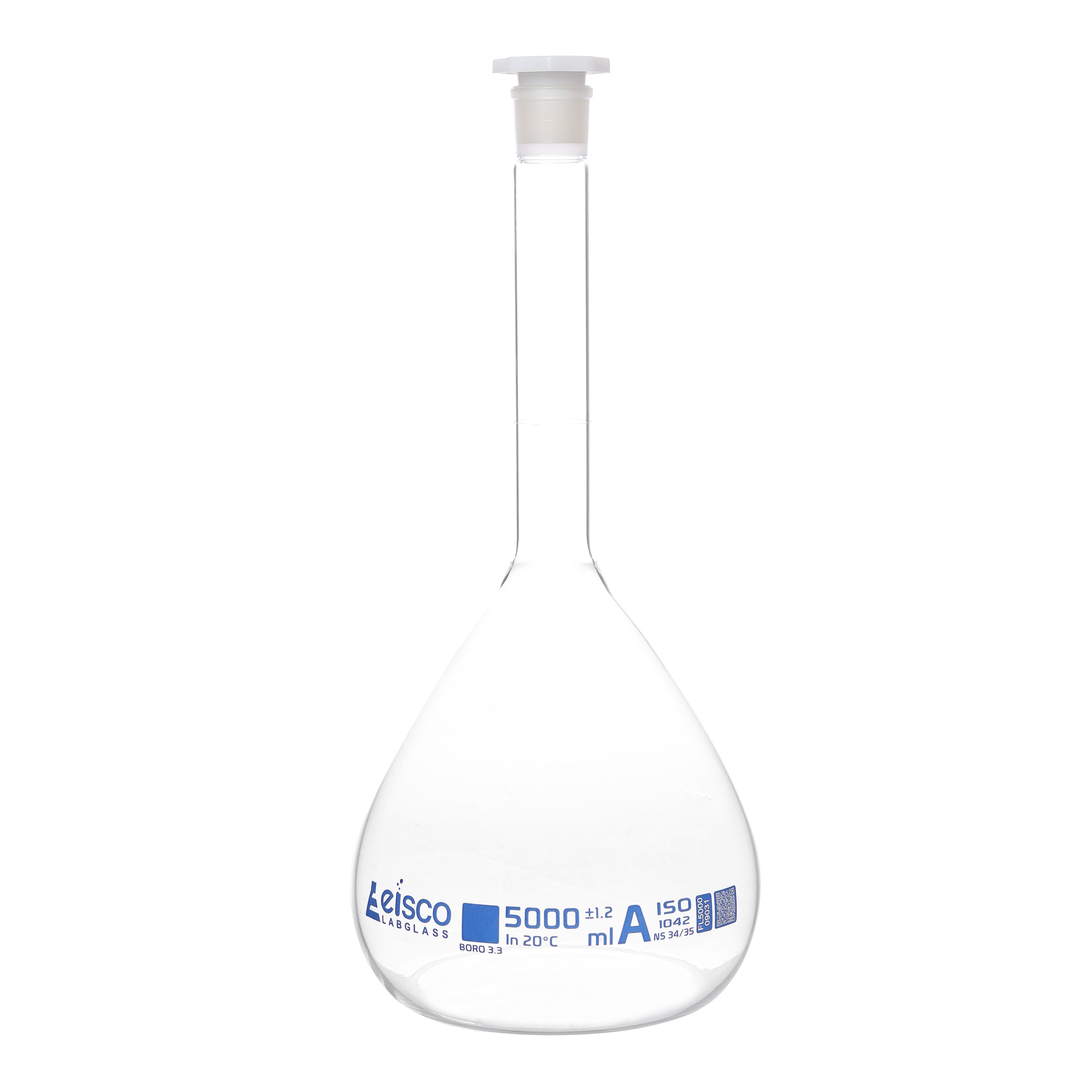 Flask - volumetric 5000ml Class-A with PE Stopper, QR coded - eiscoindustrial