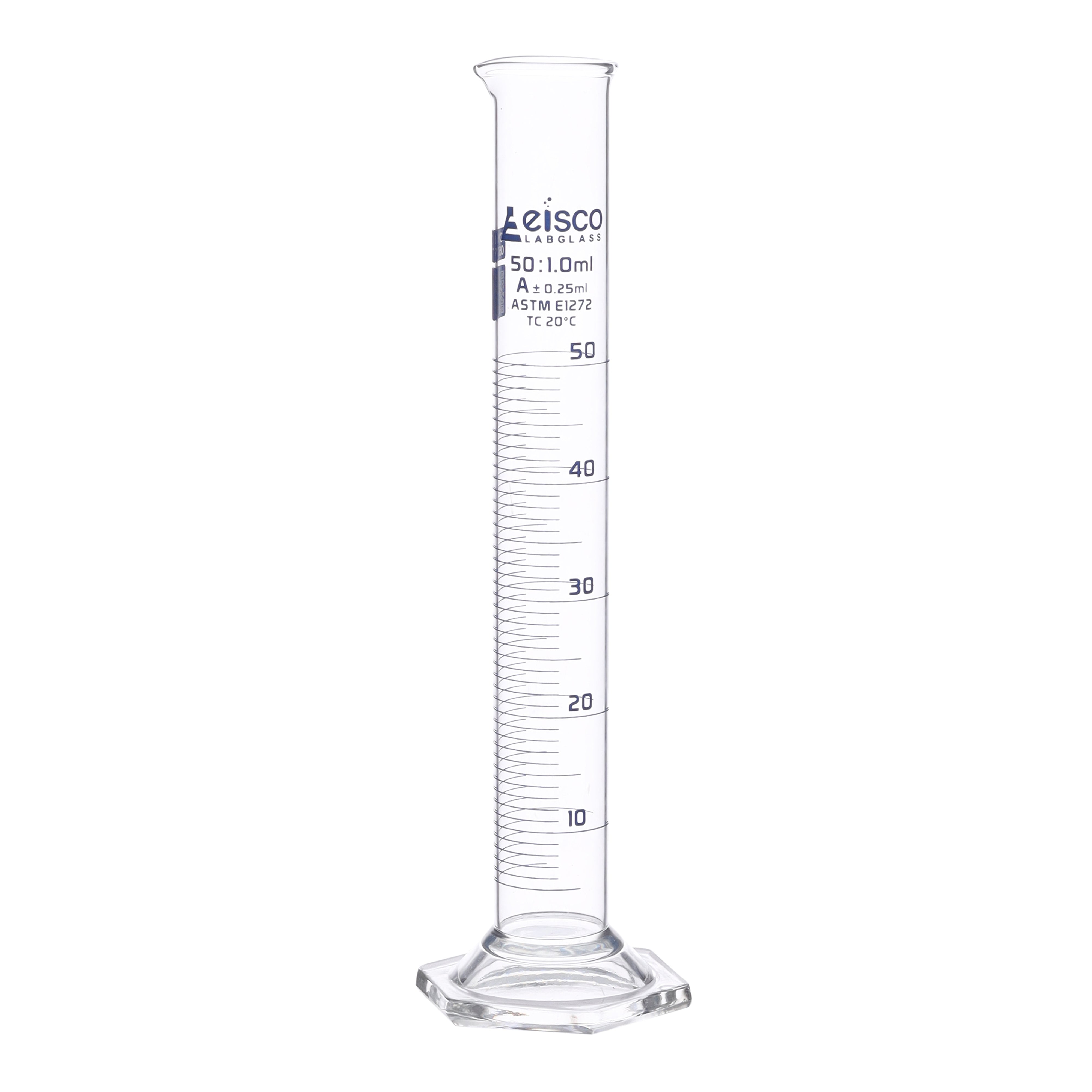 Graduated Cylinders - Glass, Class-A With Hexagonal Base and Guard - ASTM, QR coded, 50ml - eiscoindustrial