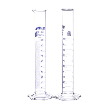 Graduated Cylinders - Glass, Class-A With Hexagonal Base and Guard - ASTM, QR coded, 100ml - eiscoindustrial