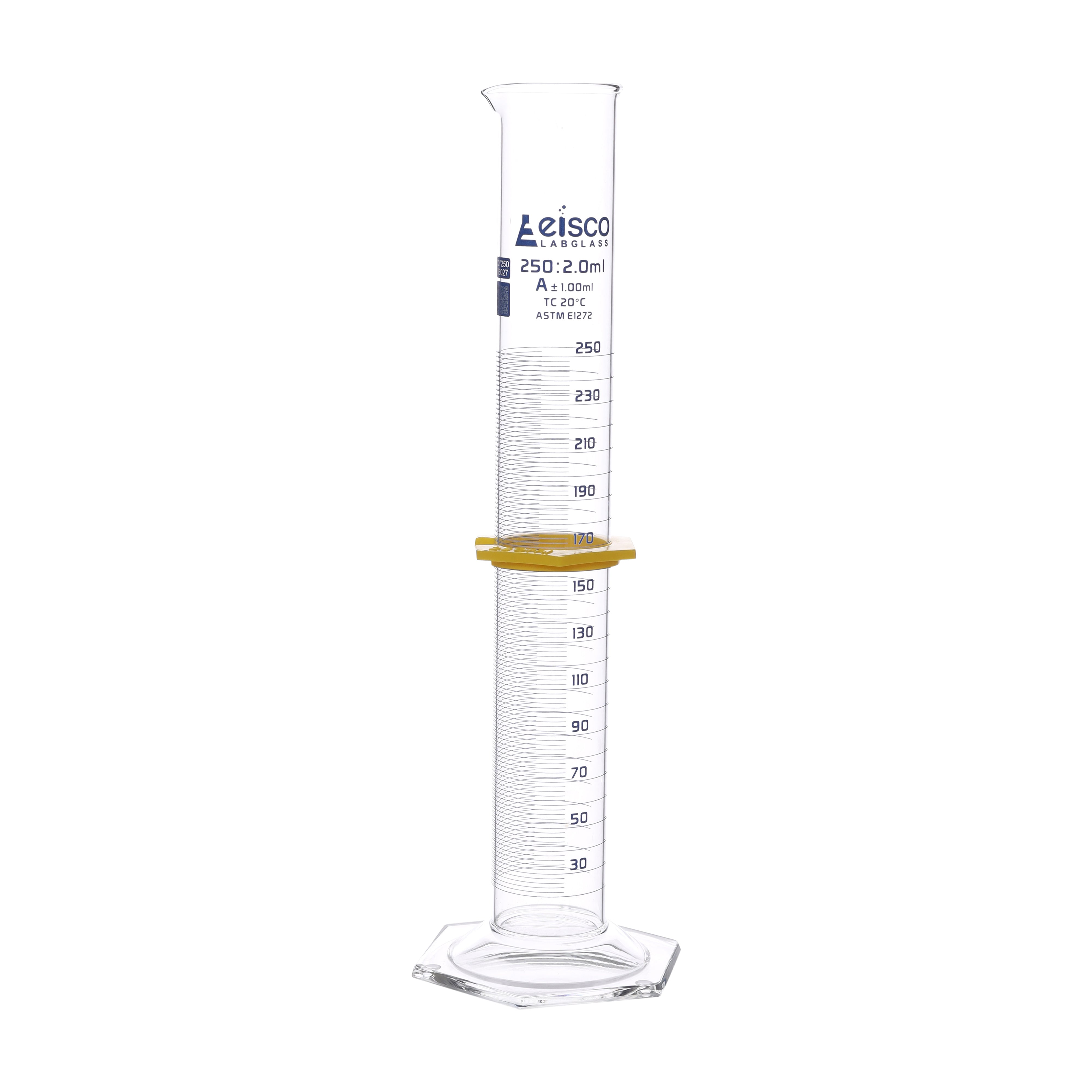 Graduated Cylinders - Glass, Class-A With Hexagonal Base and Guard - ASTM, QR coded, 250ml - eiscoindustrial